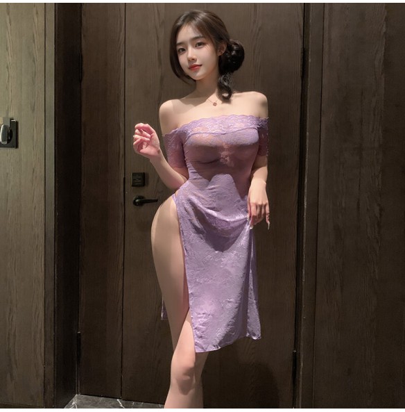 FEE ET MOI - Sheer Rose Off-Shoulder Cheongsam (Purple) FEE ET MOI - Sheer Rose Off-Shoulder Cheongsam (Purple)
